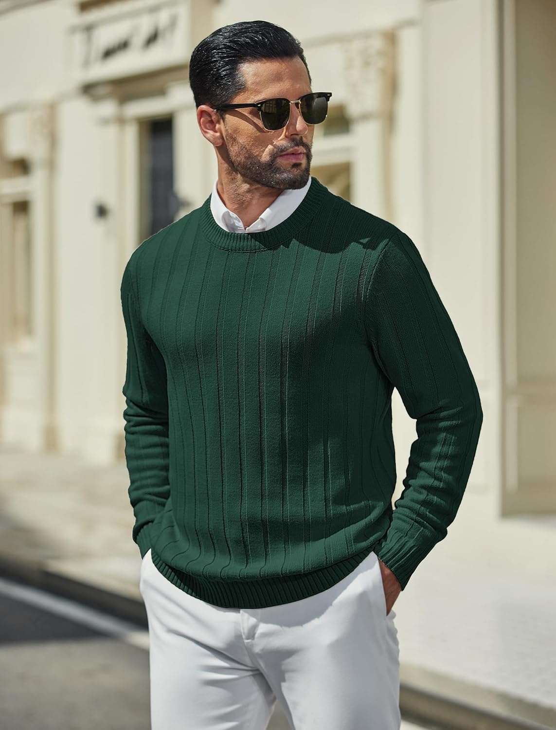 image:imageCOOFANDY Mens Sweater Crewneck Ribbed Knit Soft Warm Pullover SweaterDark Green