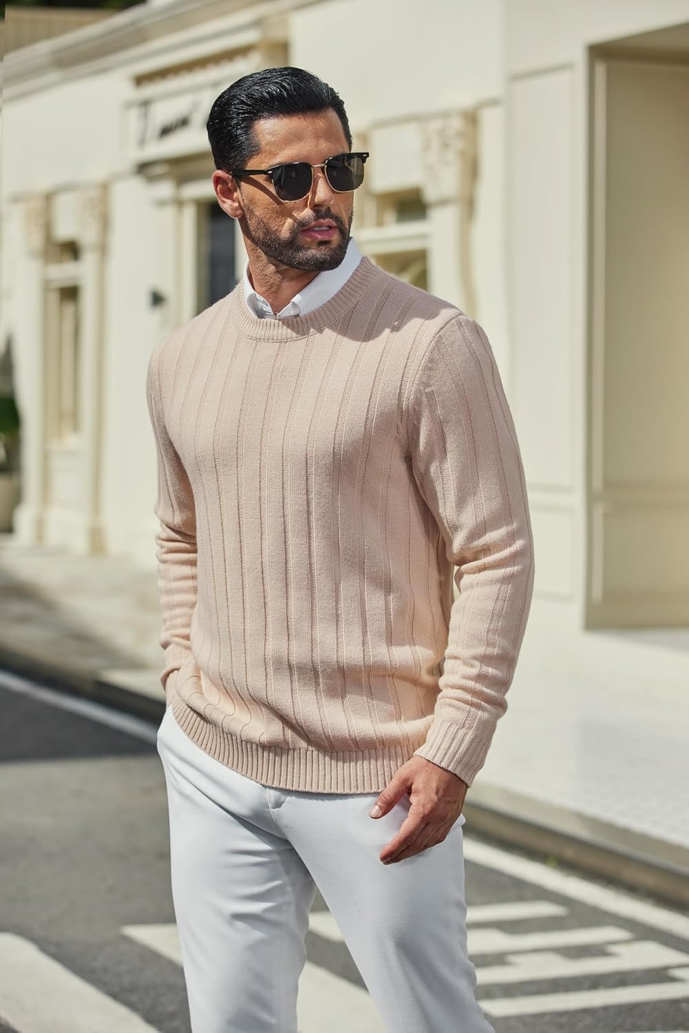 image:imageCOOFANDY Mens Sweater Crewneck Ribbed Knit Soft Warm Pullover SweaterLight Coffee
