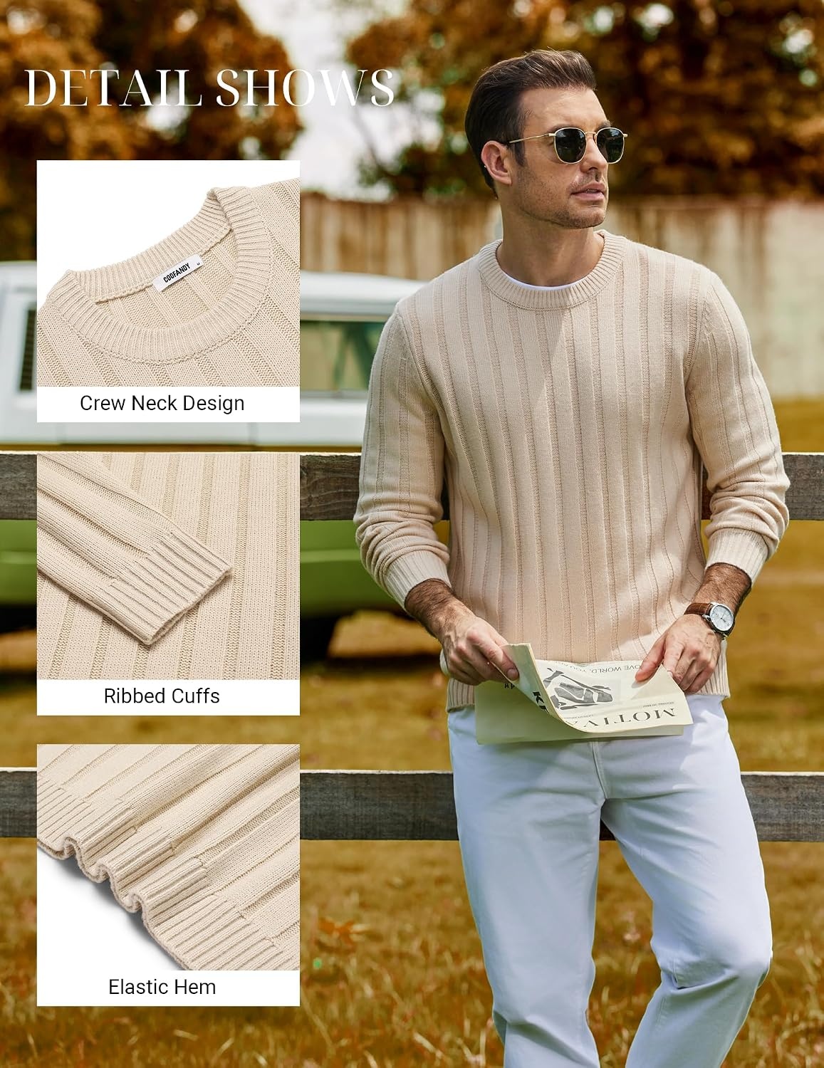 image:imageCOOFANDY Mens Sweater Crewneck Ribbed Knit Soft Warm Pullover SweaterLight Coffee