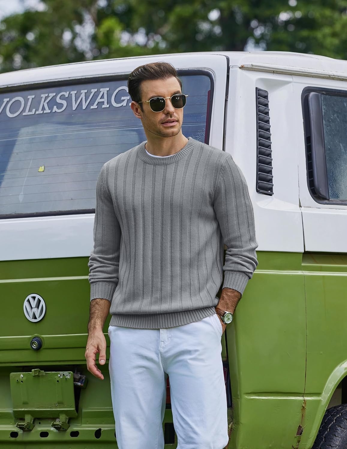 image:imageCOOFANDY Mens Sweater Crewneck Ribbed Knit Soft Warm Pullover SweaterLight Gray