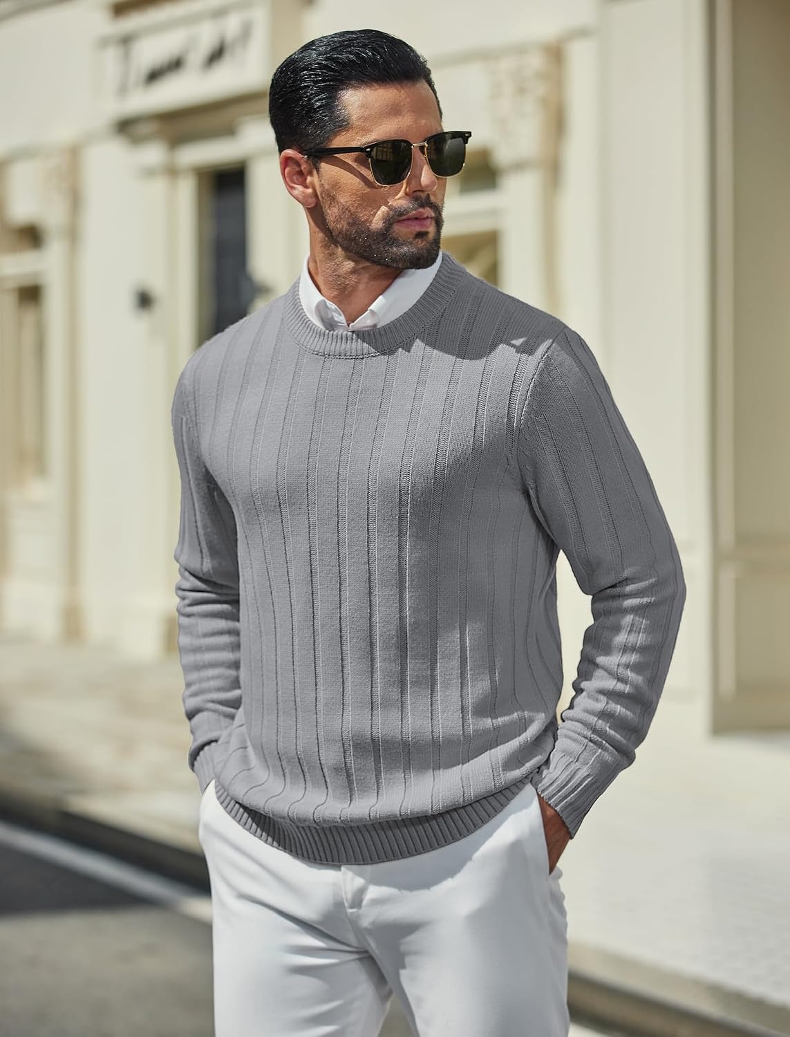 image:imageCOOFANDY Mens Sweater Crewneck Ribbed Knit Soft Warm Pullover SweaterLight Gray