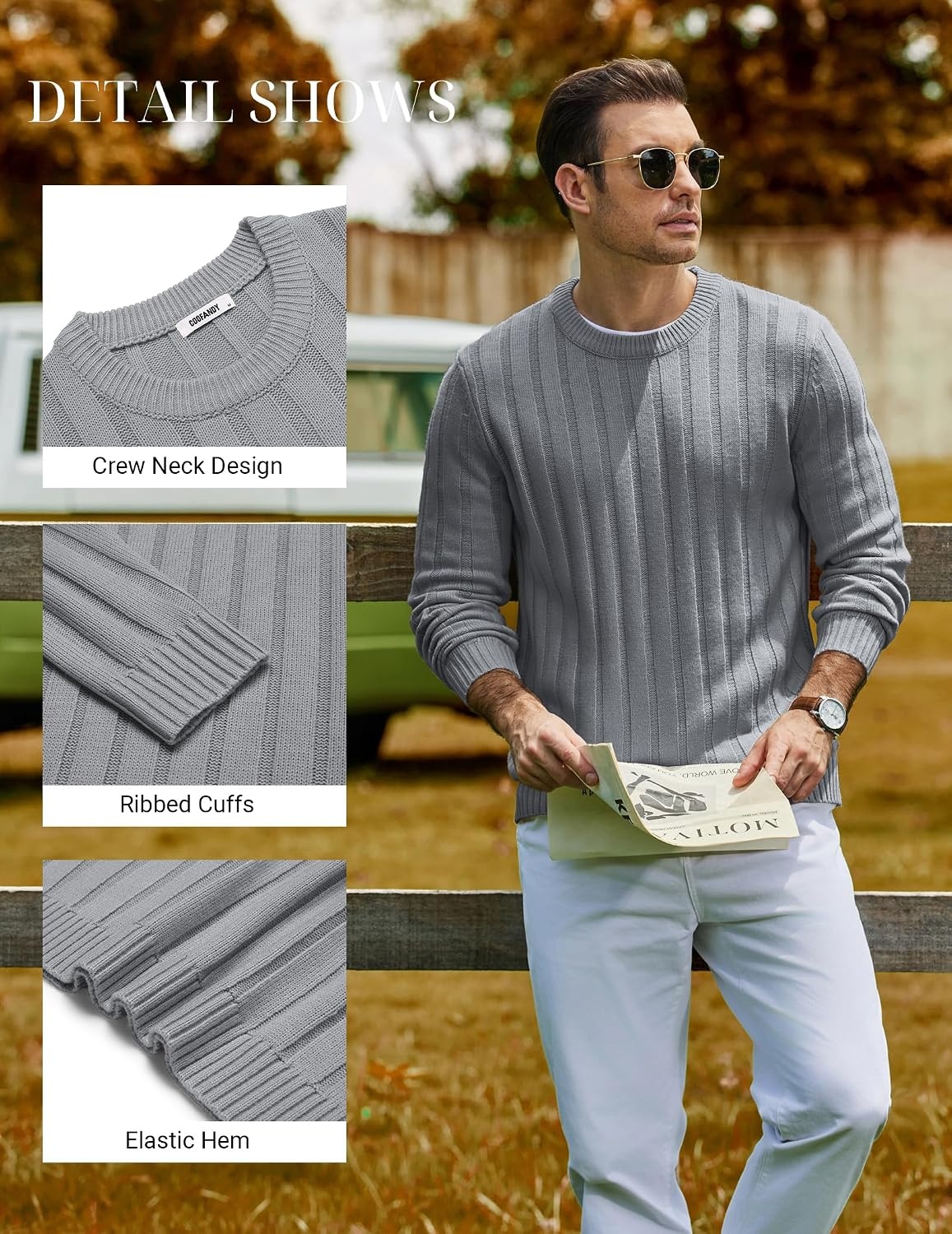 image:imageCOOFANDY Mens Sweater Crewneck Ribbed Knit Soft Warm Pullover SweaterLight Gray