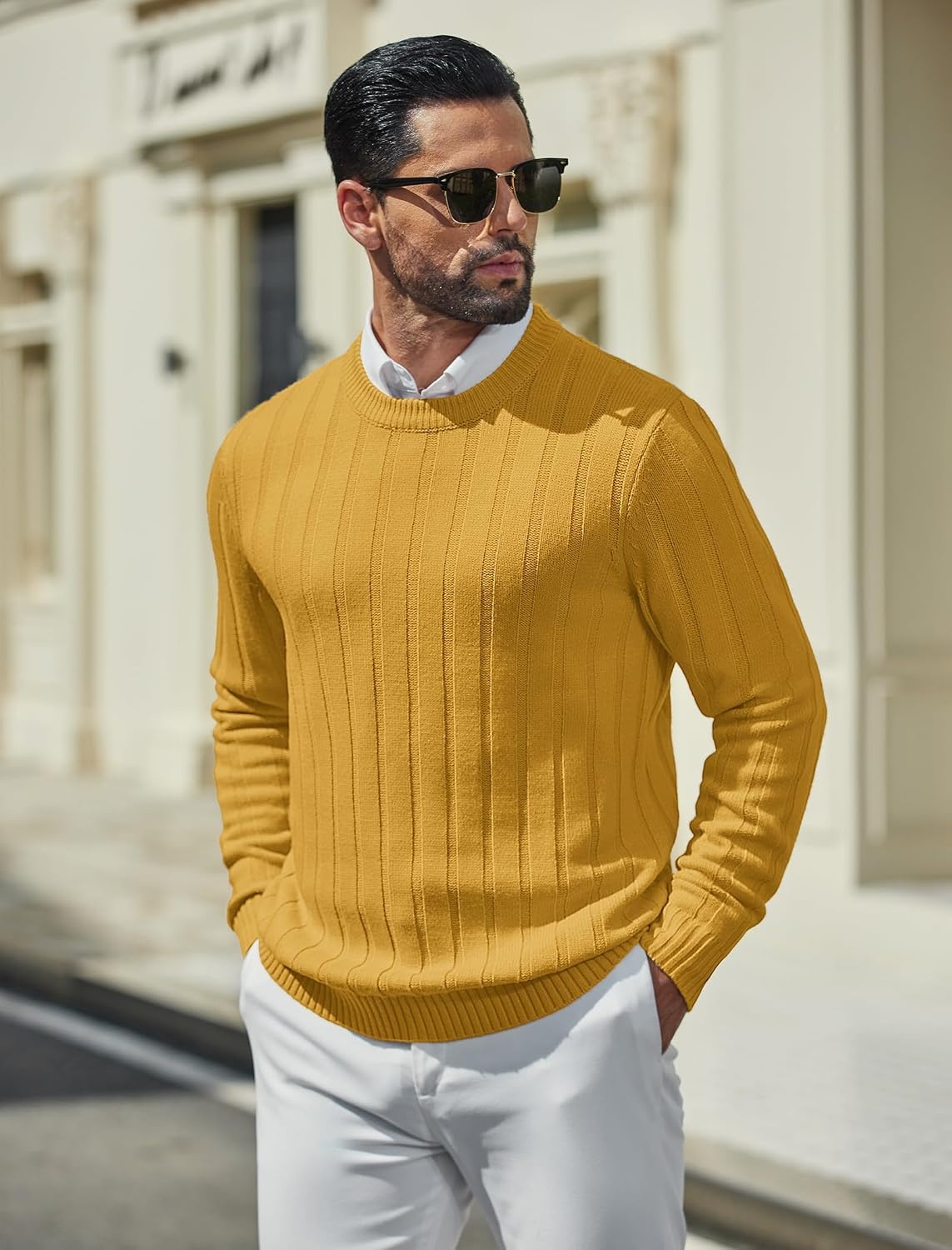 image:imageCOOFANDY Mens Sweater Crewneck Ribbed Knit Soft Warm Pullover SweaterMustard Yellow