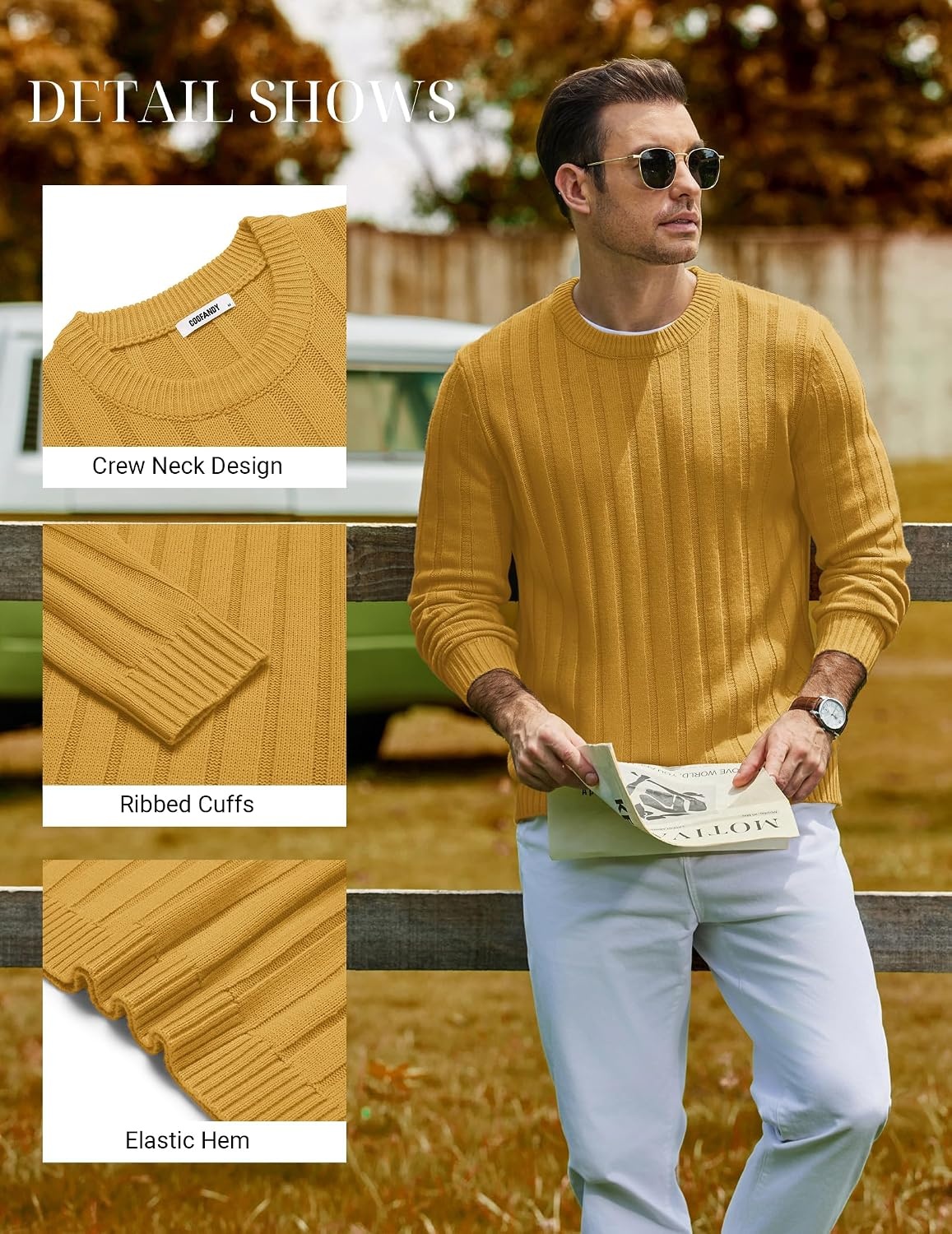 image:imageCOOFANDY Mens Sweater Crewneck Ribbed Knit Soft Warm Pullover SweaterMustard Yellow