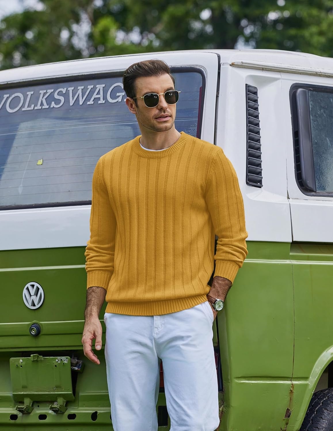 image:imageCOOFANDY Mens Sweater Crewneck Ribbed Knit Soft Warm Pullover SweaterMustard Yellow