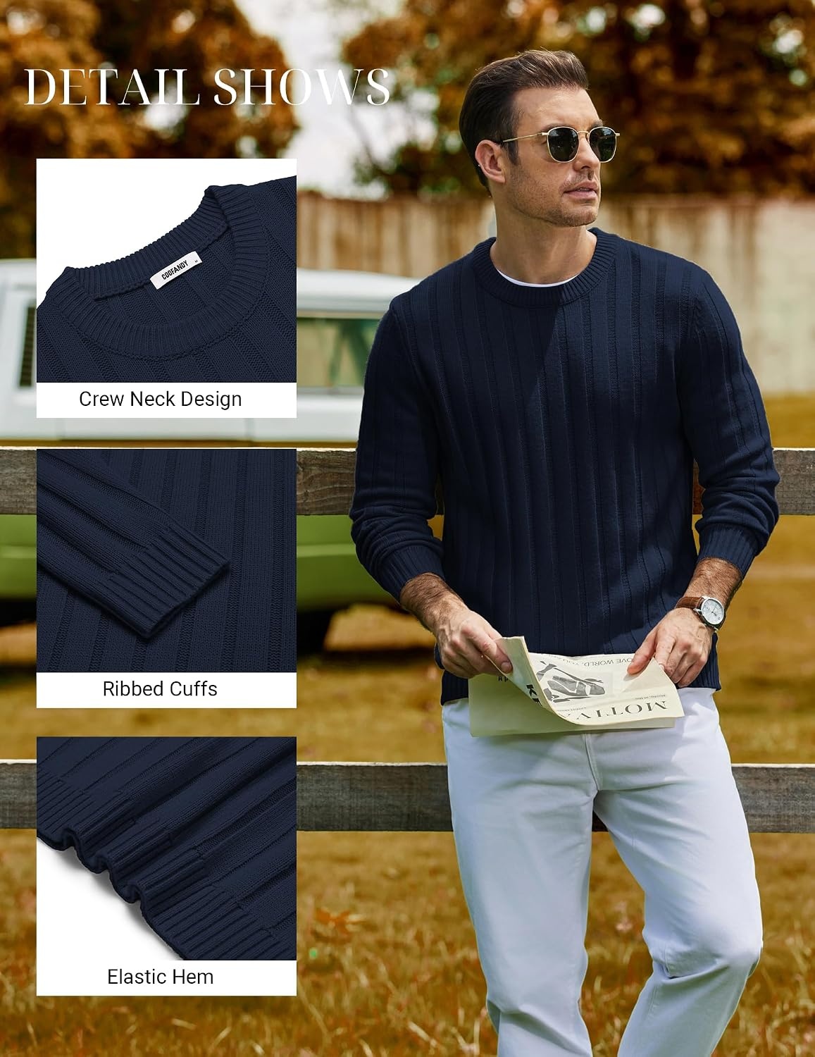 image:imageCOOFANDY Mens Sweater Crewneck Ribbed Knit Soft Warm Pullover SweaterNavy Blue