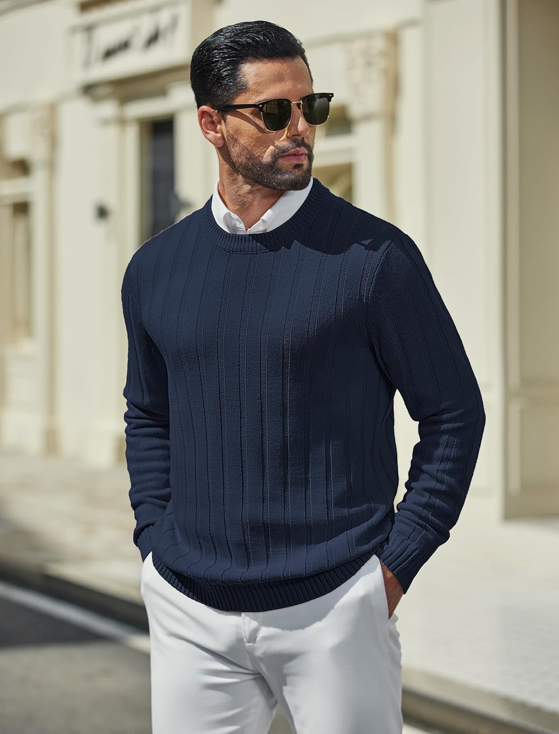 image:imageCOOFANDY Mens Sweater Crewneck Ribbed Knit Soft Warm Pullover SweaterNavy Blue