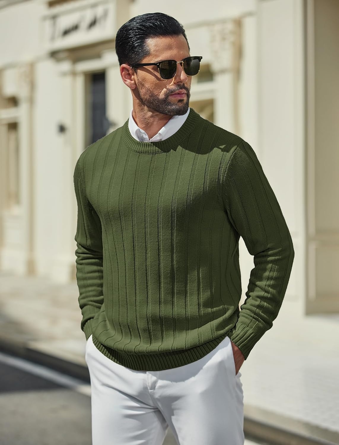 image:imageCOOFANDY Mens Sweater Crewneck Ribbed Knit Soft Warm Pullover SweaterOlive Green