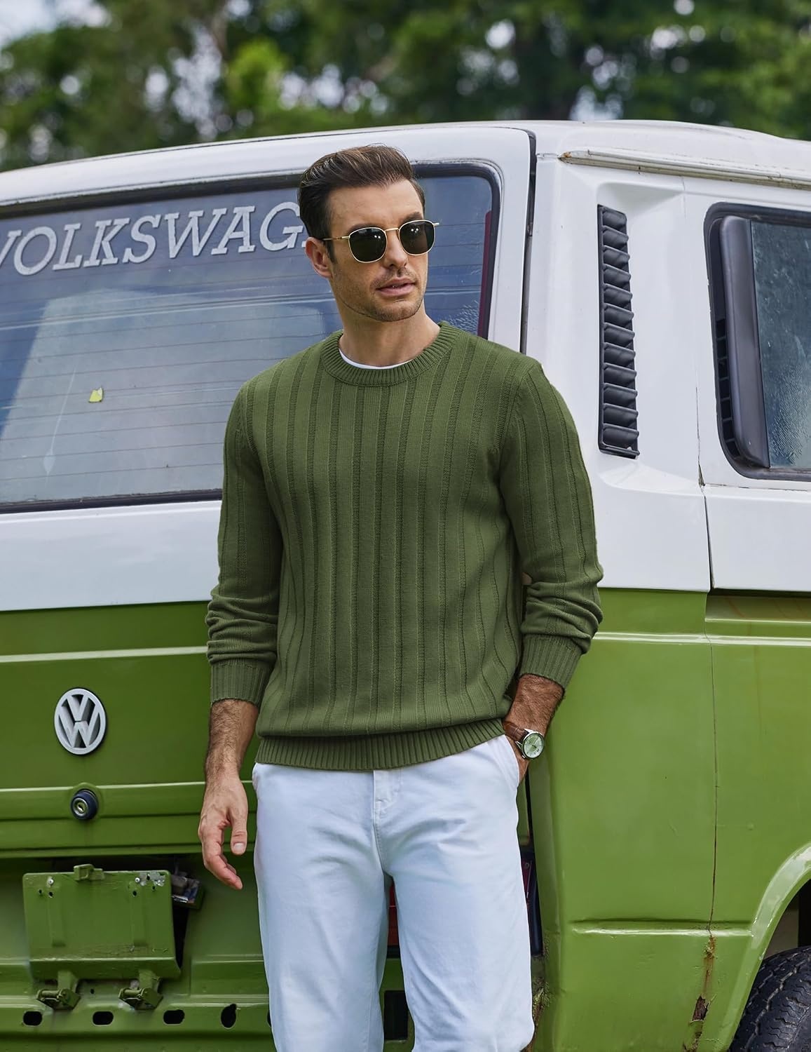 image:imageCOOFANDY Mens Sweater Crewneck Ribbed Knit Soft Warm Pullover SweaterOlive Green