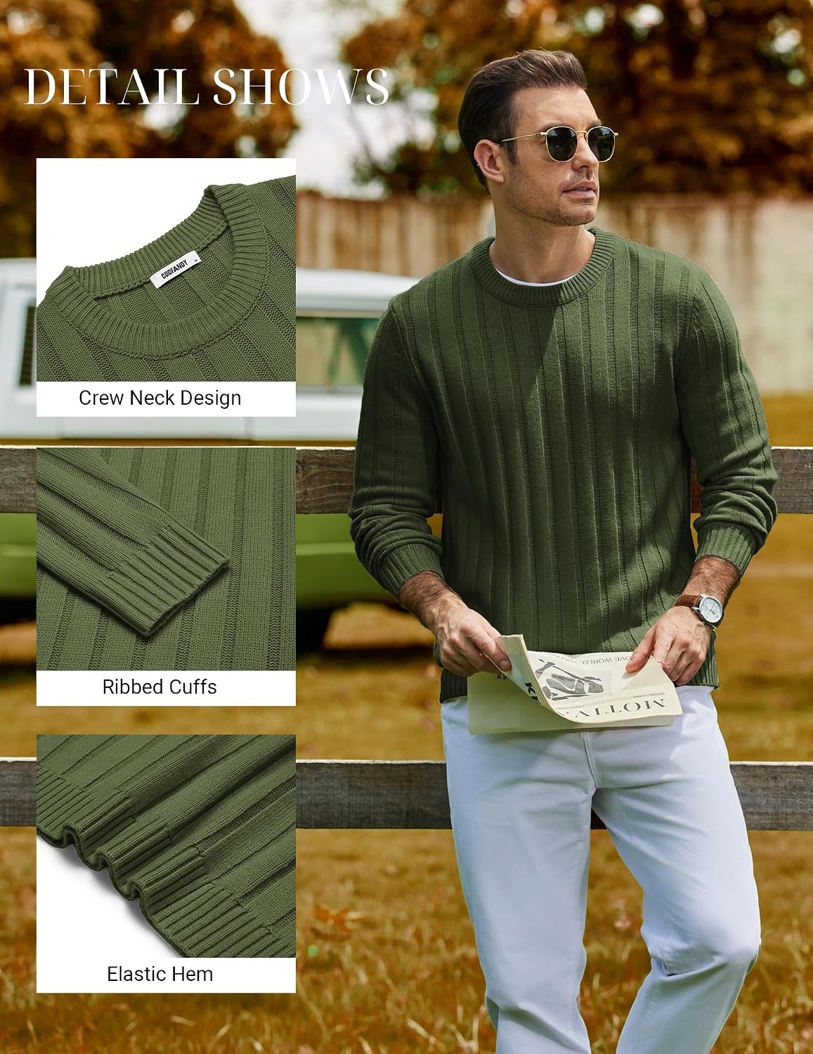 image:imageCOOFANDY Mens Sweater Crewneck Ribbed Knit Soft Warm Pullover SweaterOlive Green