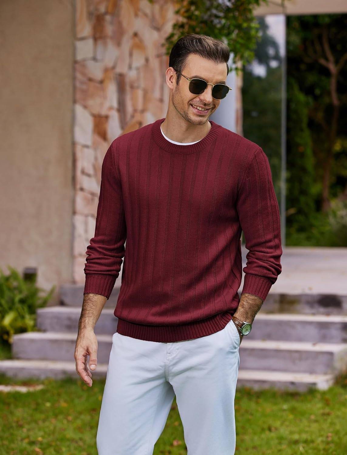 image:imageCOOFANDY Mens Sweater Crewneck Ribbed Knit Soft Warm Pullover SweaterRed