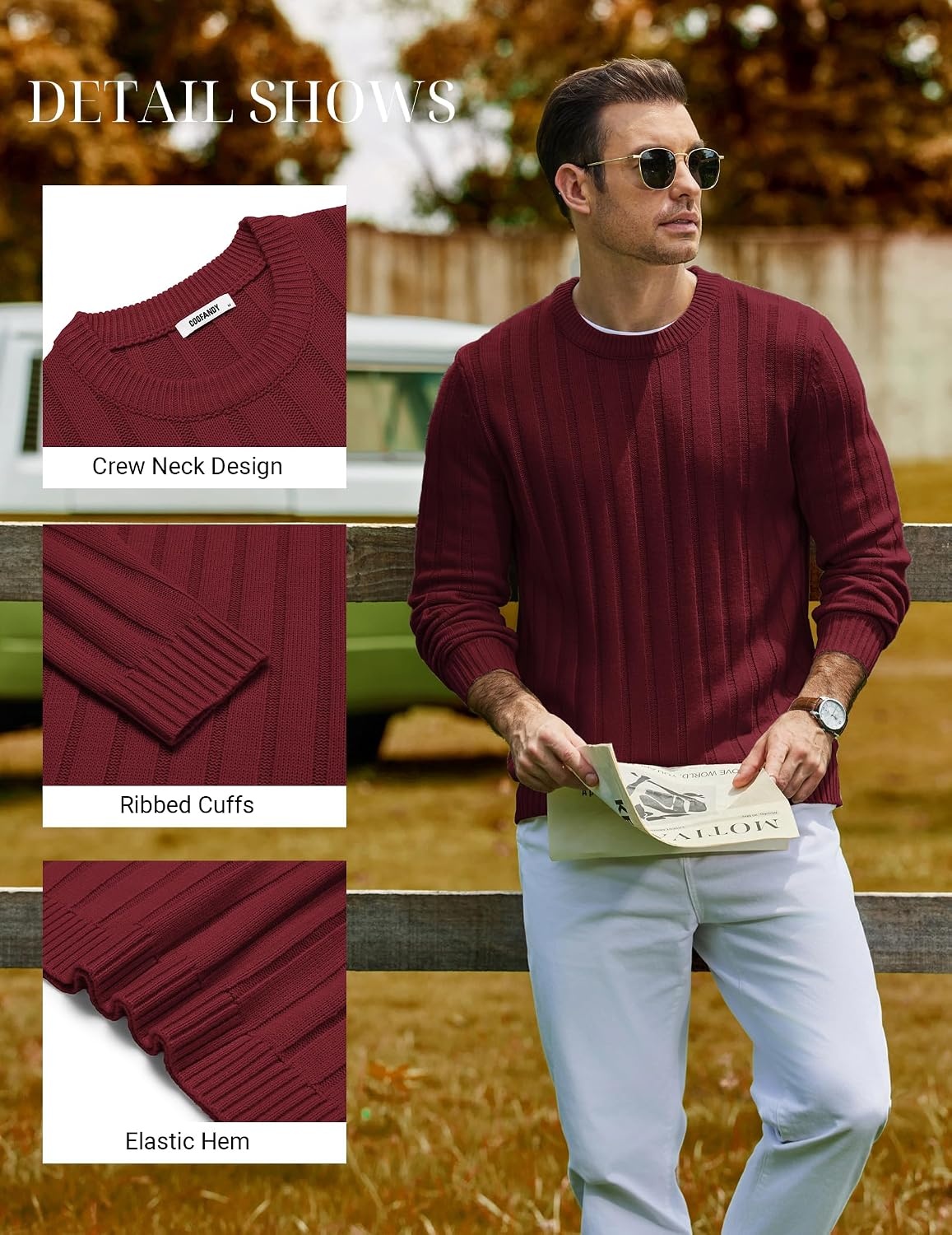 image:imageCOOFANDY Mens Sweater Crewneck Ribbed Knit Soft Warm Pullover SweaterRed