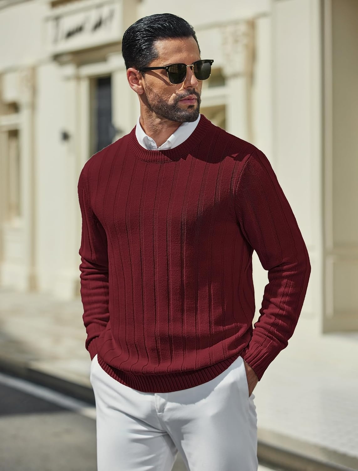 image:imageCOOFANDY Mens Sweater Crewneck Ribbed Knit Soft Warm Pullover SweaterRed