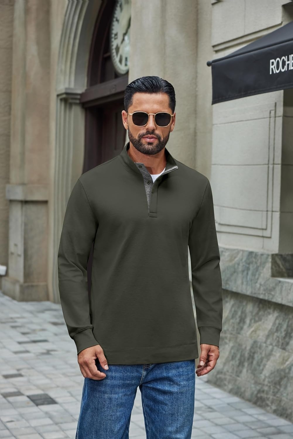 image:imageCOOFANDY Mens TShirt Quarter Button Pullover Casual Long Sleeve SweatshirtArmy Green