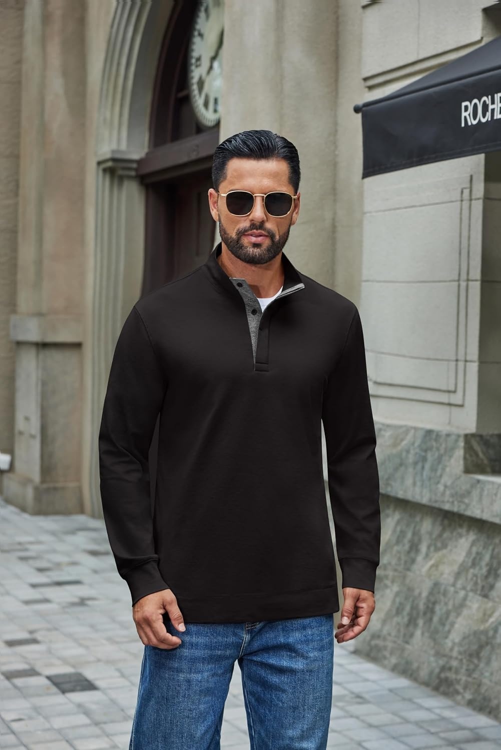 image:imageCOOFANDY Mens TShirt Quarter Button Pullover Casual Long Sleeve SweatshirtBlack