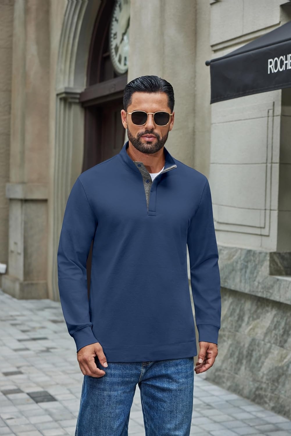 image:imageCOOFANDY Mens TShirt Quarter Button Pullover Casual Long Sleeve SweatshirtDark Blue