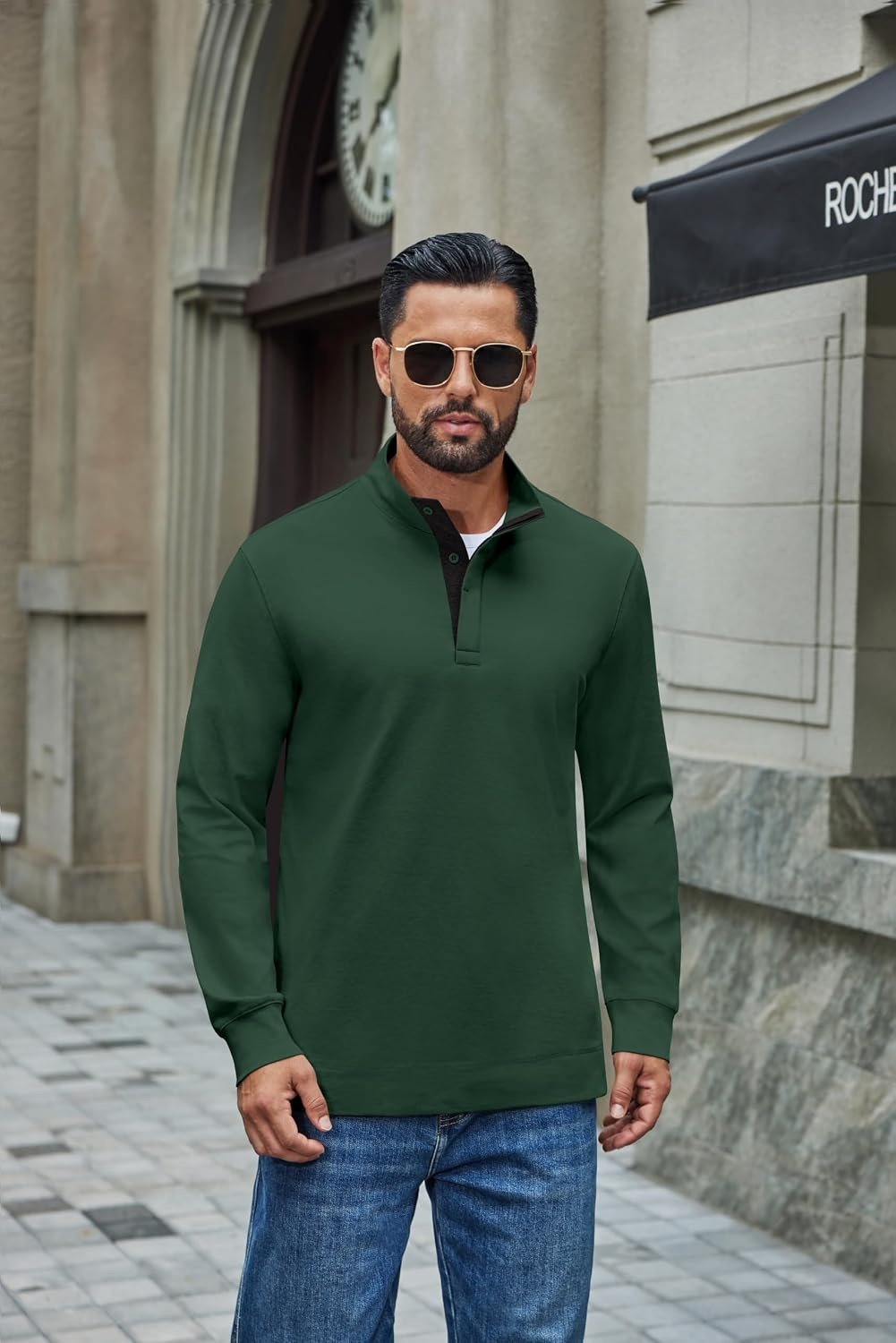 image:imageCOOFANDY Mens TShirt Quarter Button Pullover Casual Long Sleeve SweatshirtDark Green