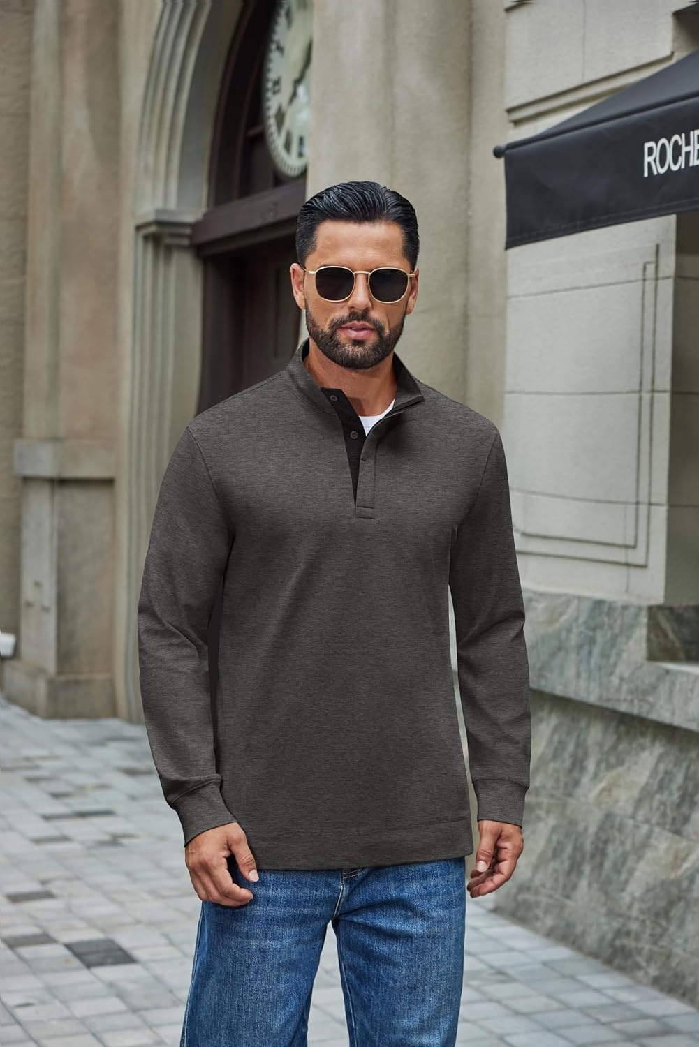 image:imageCOOFANDY Mens TShirt Quarter Button Pullover Casual Long Sleeve SweatshirtDark Grey