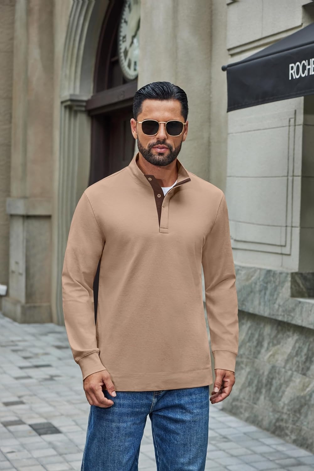 image:imageCOOFANDY Mens TShirt Quarter Button Pullover Casual Long Sleeve SweatshirtKhaki
