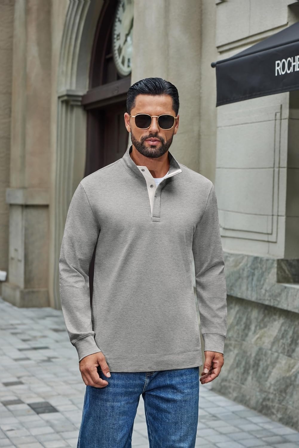 image:imageCOOFANDY Mens TShirt Quarter Button Pullover Casual Long Sleeve SweatshirtLight Grey