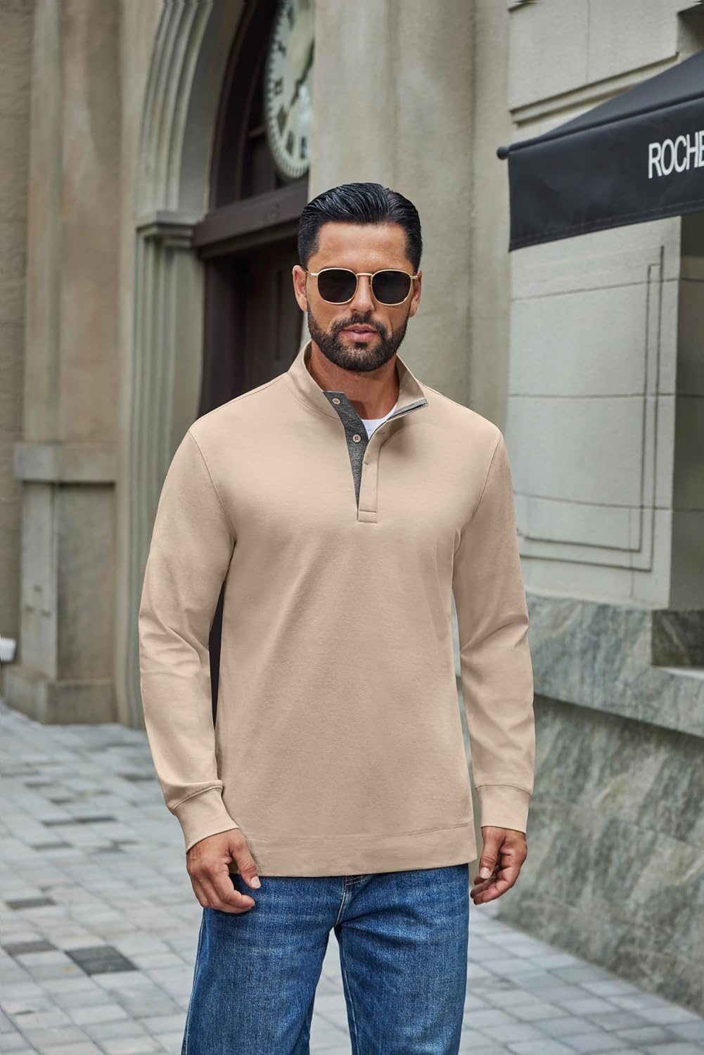 image:imageCOOFANDY Mens TShirt Quarter Button Pullover Casual Long Sleeve SweatshirtLight Khaki