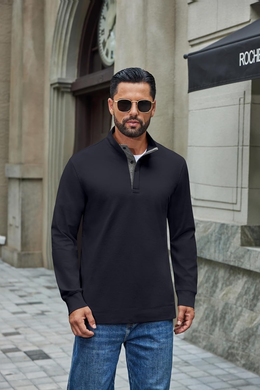 image:imageCOOFANDY Mens TShirt Quarter Button Pullover Casual Long Sleeve SweatshirtNavy Blue
