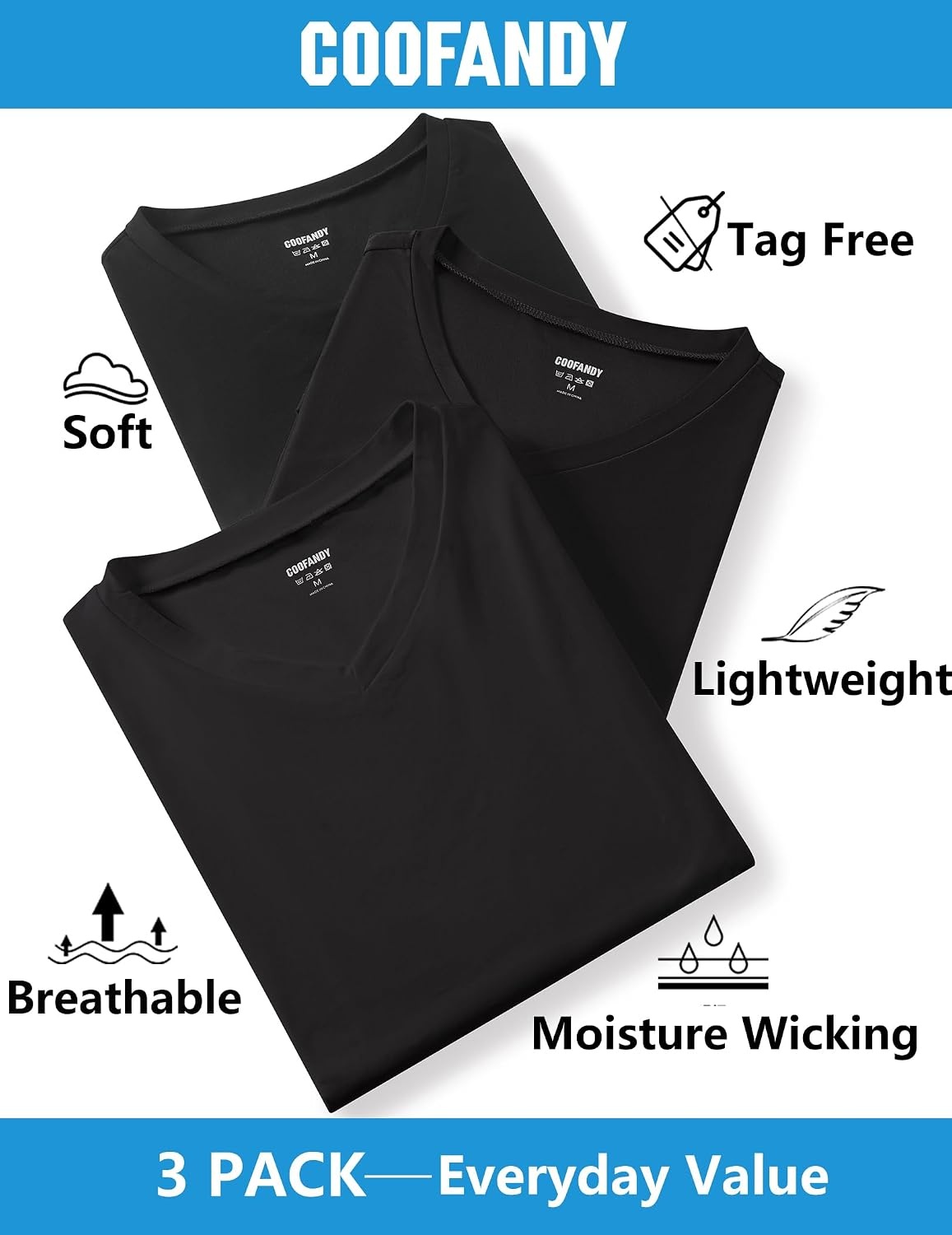 image:imageCOOFANDY Mens V Neck TShirts Short Sleeve Stretch Casual Classic Basic Tee Soft UndershirtsBlackBlackBlack3 Pack
