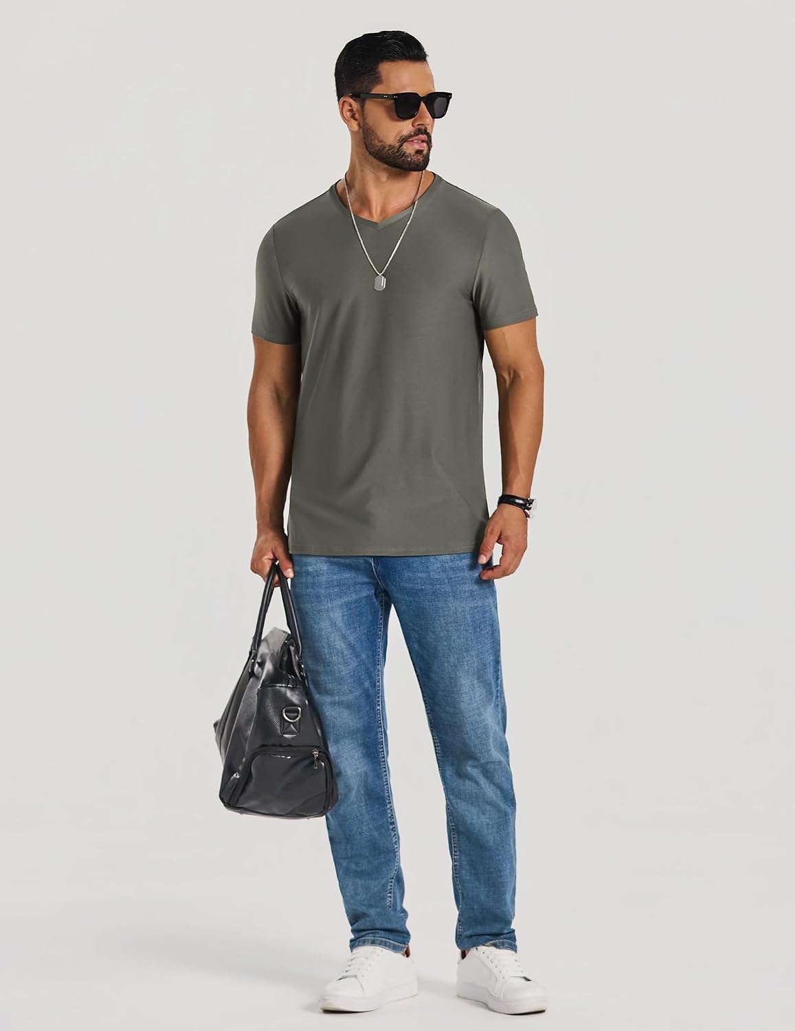 image:imageCOOFANDY Mens V Neck TShirts Short Sleeve Stretch Casual Classic Basic Tee Soft UndershirtsBlackOlive GreenDrak Blue3 Pack