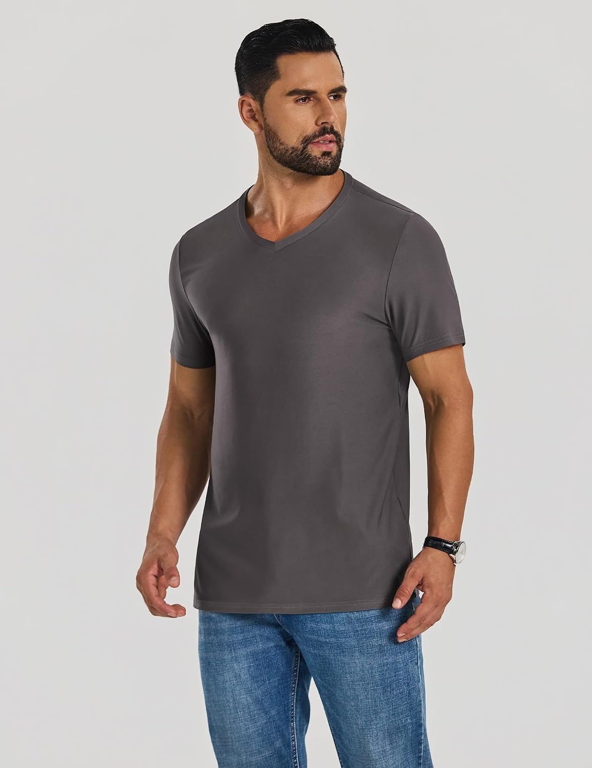 image:imageCOOFANDY Mens V Neck TShirts Short Sleeve Stretch Casual Classic Basic Tee Soft UndershirtsDark Grey1 Pack