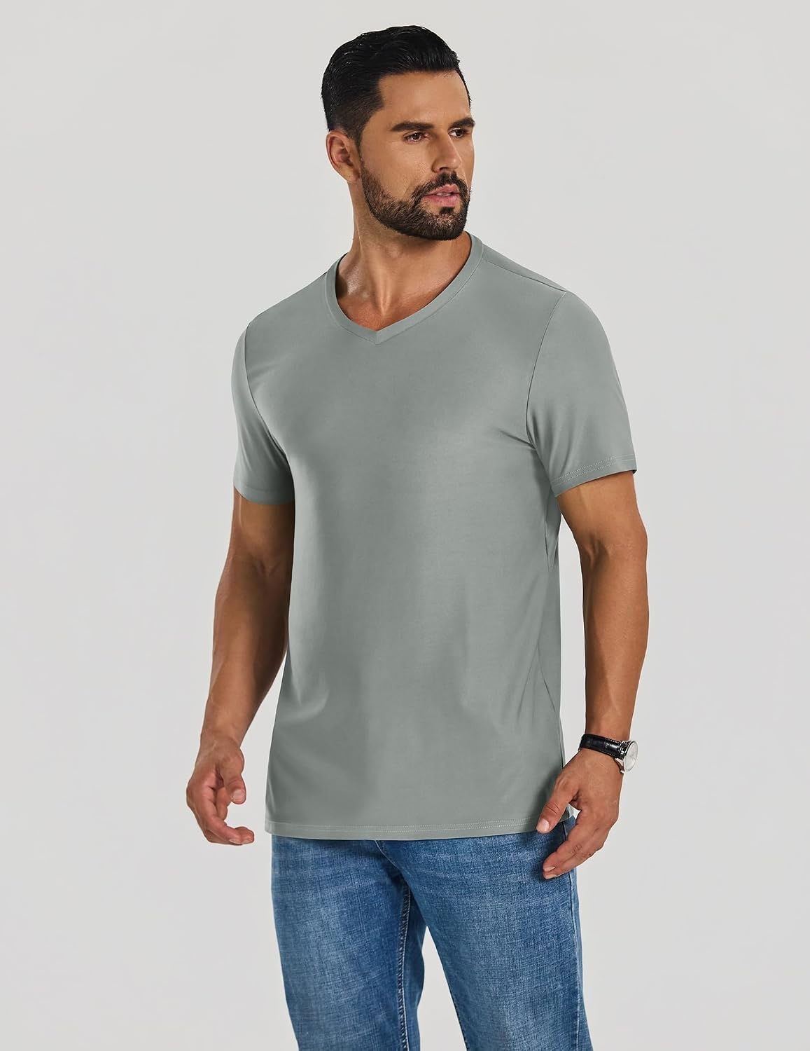 image:imageCOOFANDY Mens V Neck TShirts Short Sleeve Stretch Casual Classic Basic Tee Soft UndershirtsSage Green1 Pack