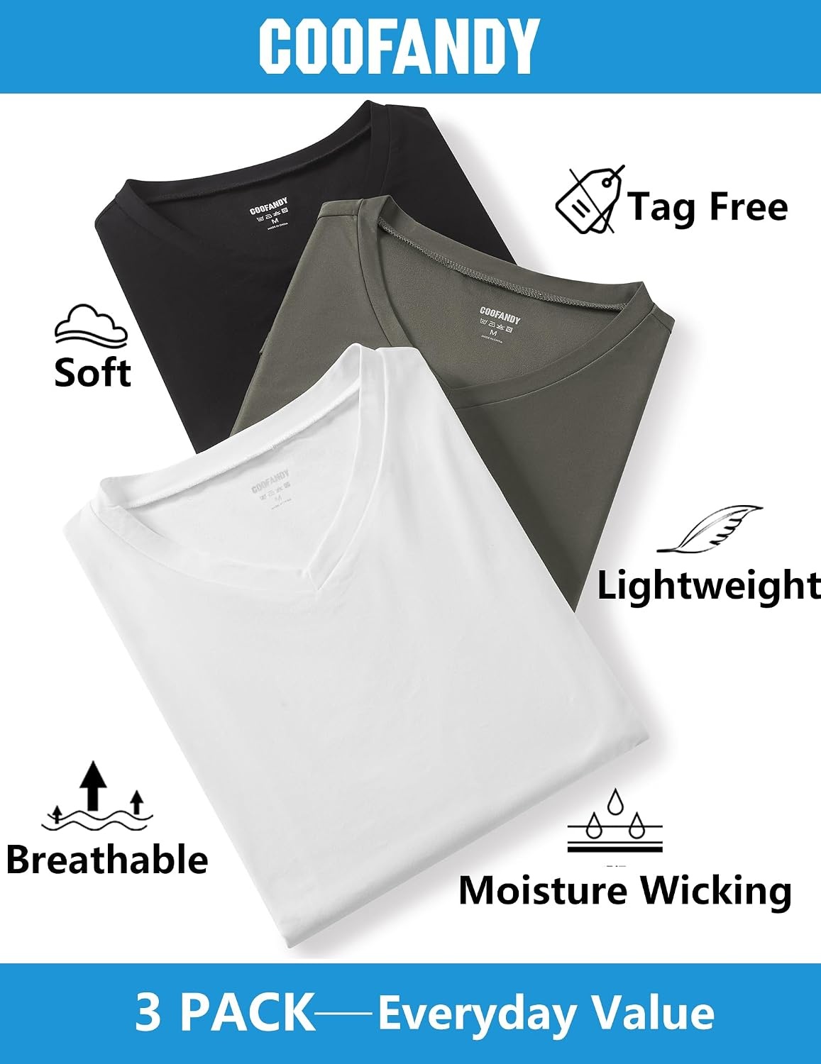 image:imageCOOFANDY Mens V Neck TShirts Short Sleeve Stretch Casual Classic Basic Tee Soft UndershirtsWhiteBlackOlive Green3 Pack