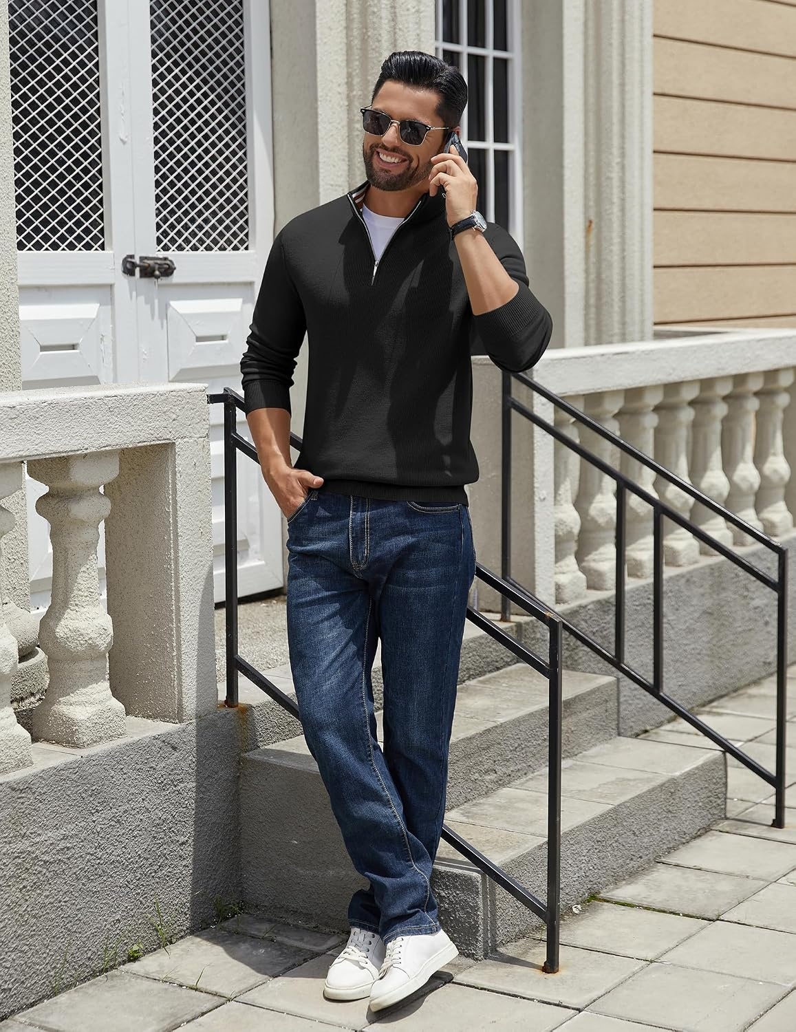 image:imageCOOFANDY Quarter Zip Pullover Men 14 Zip Sweaters Business Casual SweaterBlack