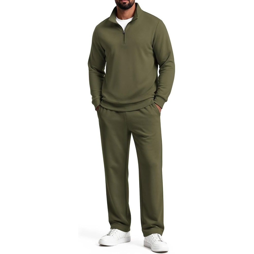 image:imageCOOFANDY Mens 2 Piece Tracksuit Set Quarter Zip Sweatsuit Athletic OutfitsArmy Green