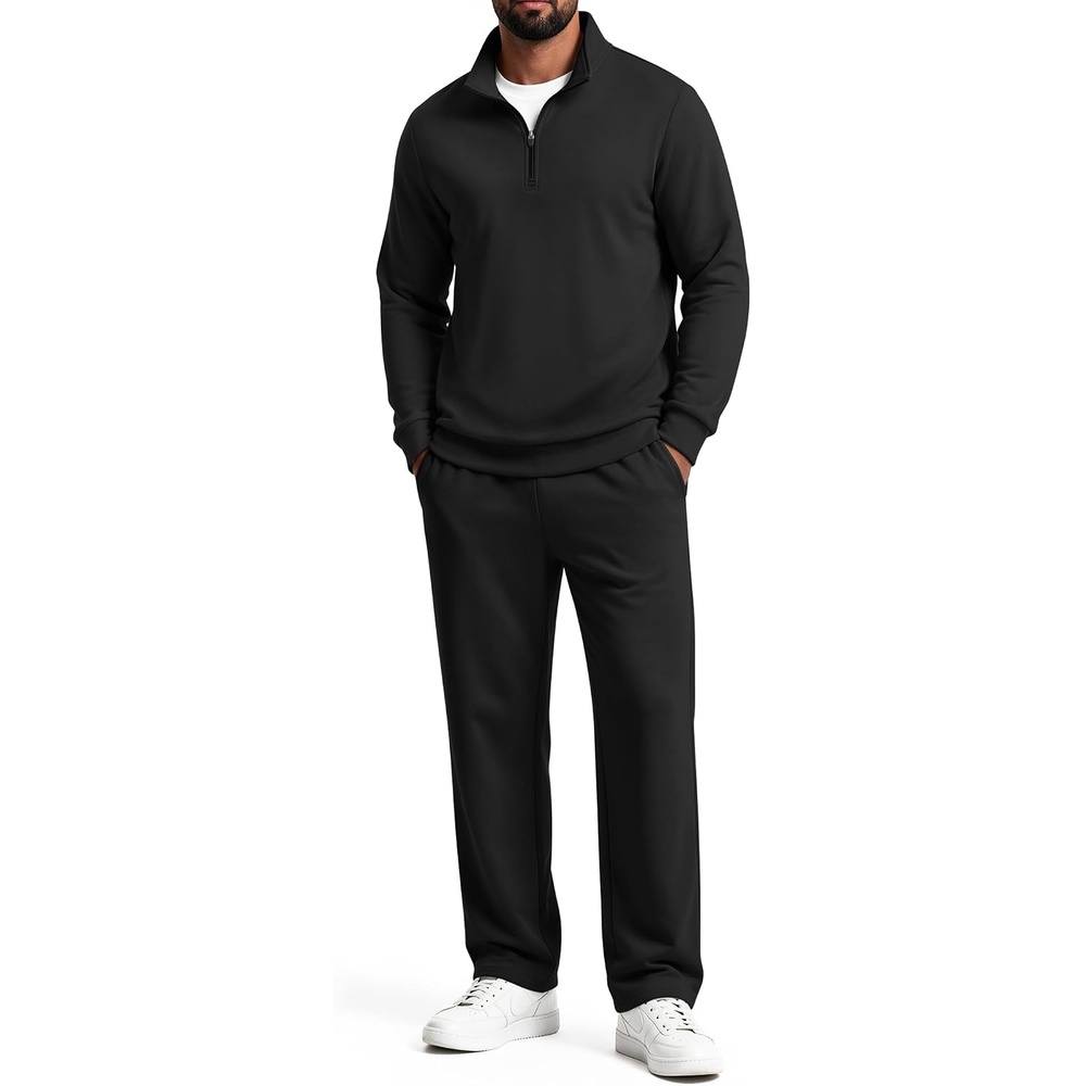 image:imageCOOFANDY Mens 2 Piece Tracksuit Set Quarter Zip Sweatsuit Athletic OutfitsBlack