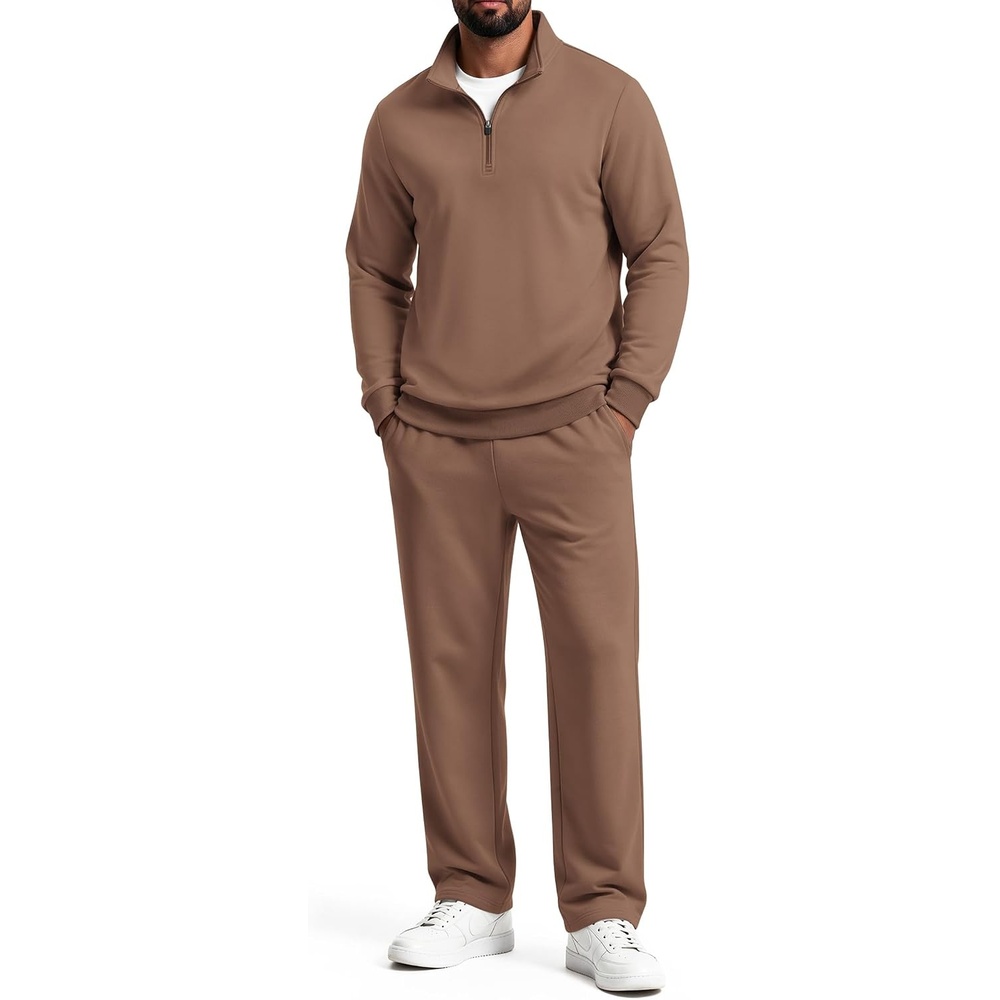 image:imageCOOFANDY Mens 2 Piece Tracksuit Set Quarter Zip Sweatsuit Athletic OutfitsCoffee Brown