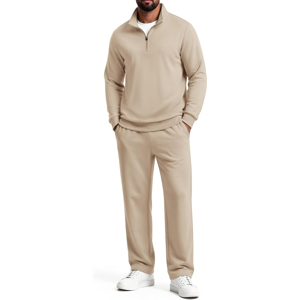 image:imageCOOFANDY Mens 2 Piece Tracksuit Set Quarter Zip Sweatsuit Athletic OutfitsKhaki