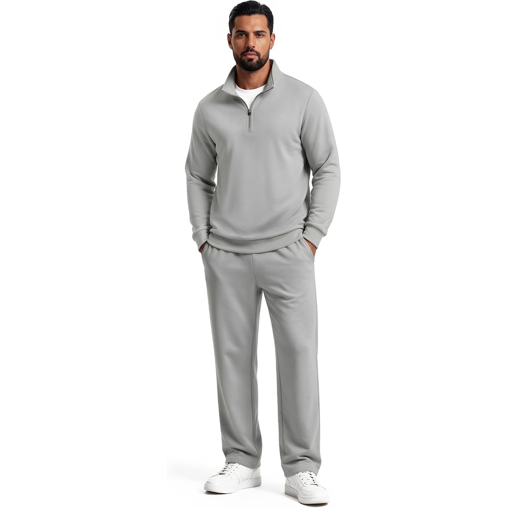 image:imageCOOFANDY Mens 2 Piece Tracksuit Set Quarter Zip Sweatsuit Athletic OutfitsLight Grey