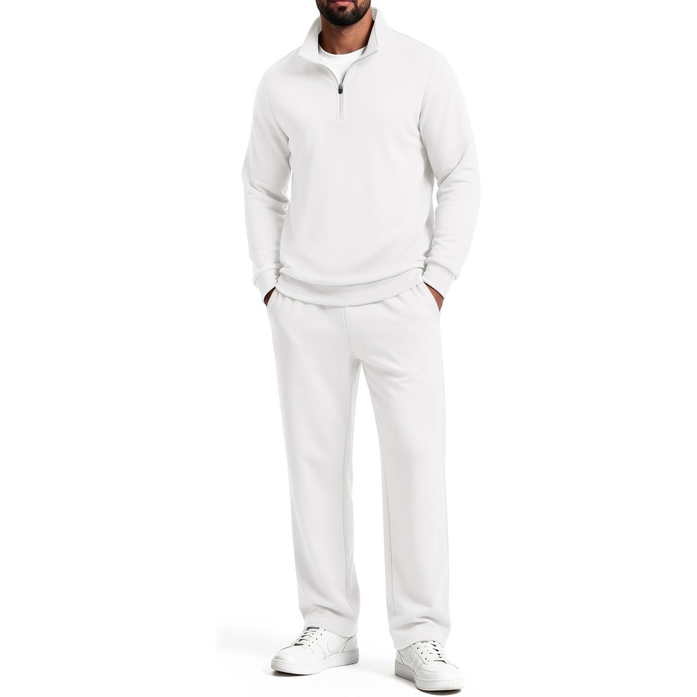 image:imageCOOFANDY Mens 2 Piece Tracksuit Set Quarter Zip Sweatsuit Athletic OutfitsWhite
