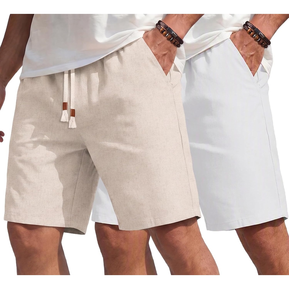image:imageCOOFANDY Mens Casual Cotton Linen Shorts Elastic Waist Drawstring Shorts2 Pack Linen Khaki White
