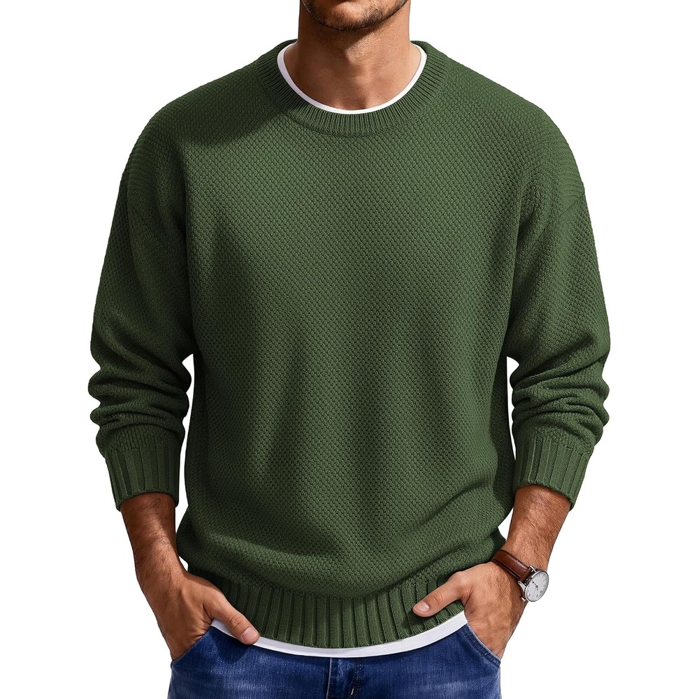 image:imageCOOFANDY Mens Casual Crewneck Sweater Long Sleeve Waffle Knit PulloverArmy Green