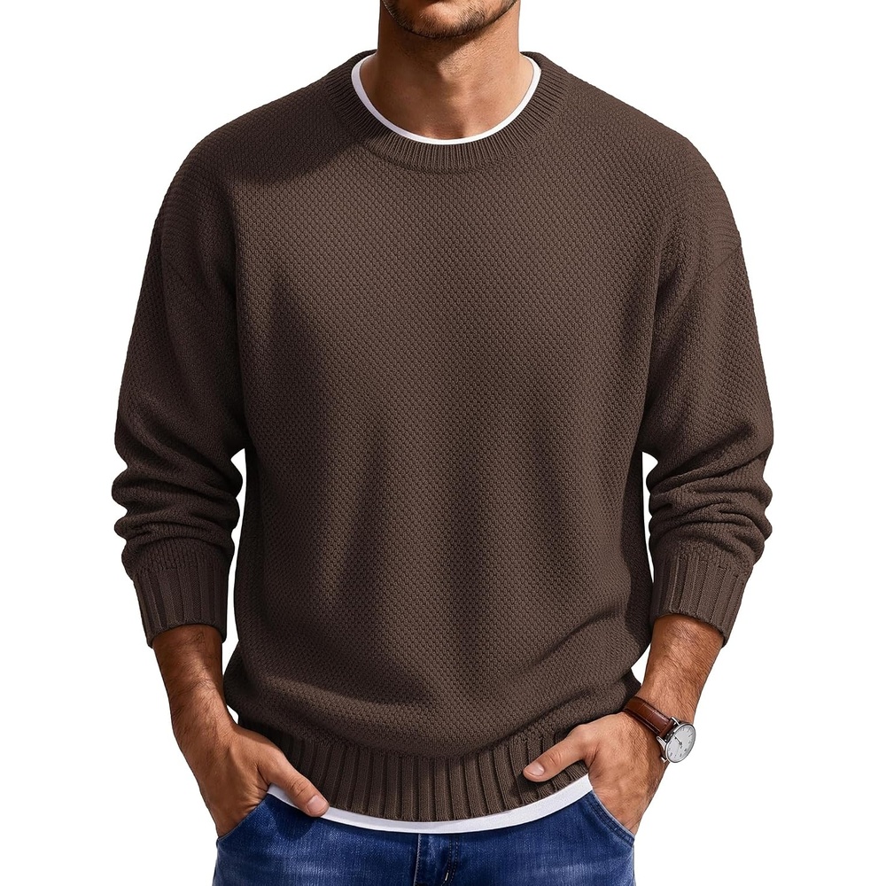 image:imageCOOFANDY Mens Casual Crewneck Sweater Long Sleeve Waffle Knit PulloverCoffee Brown