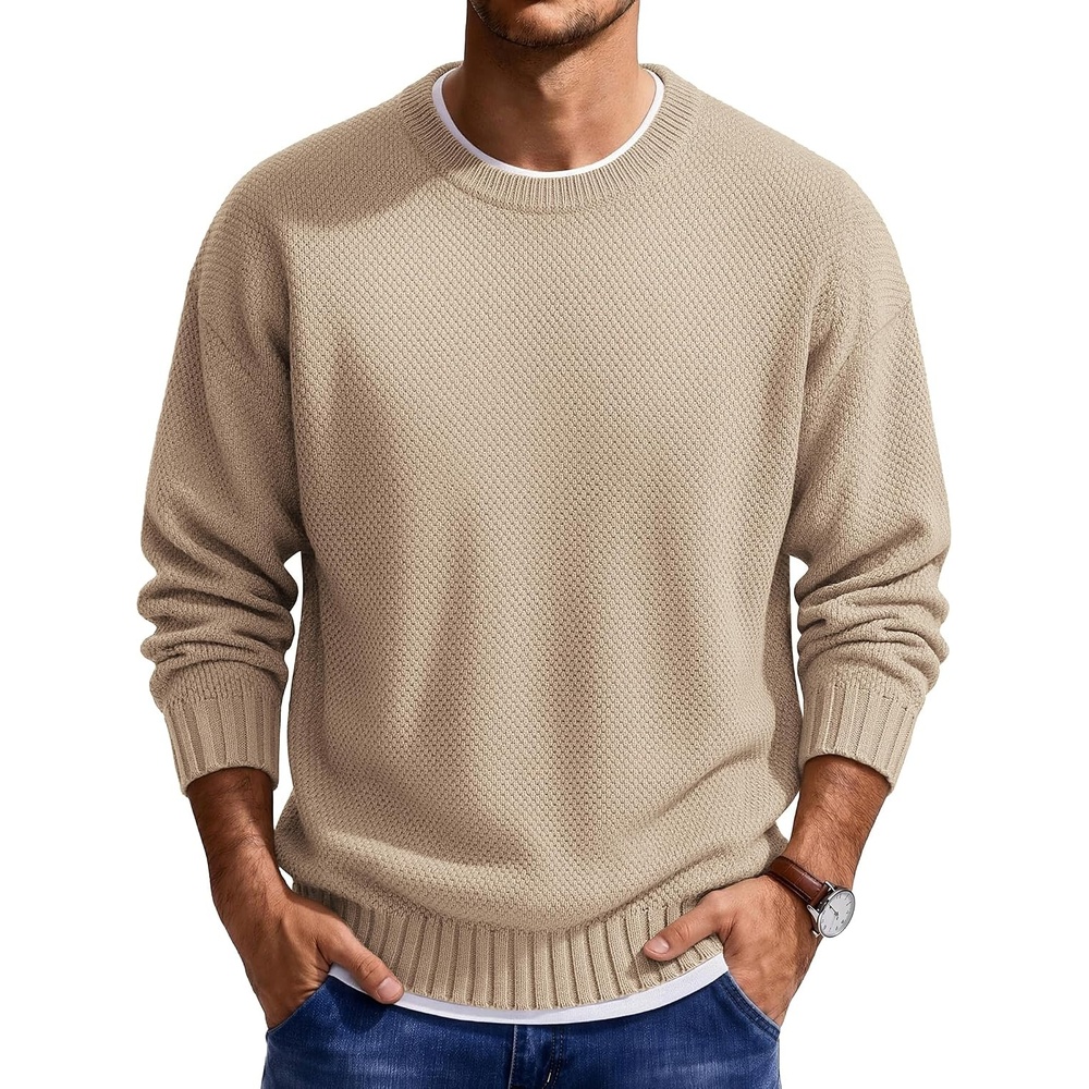 image:imageCOOFANDY Mens Casual Crewneck Sweater Long Sleeve Waffle Knit PulloverDark Khaki