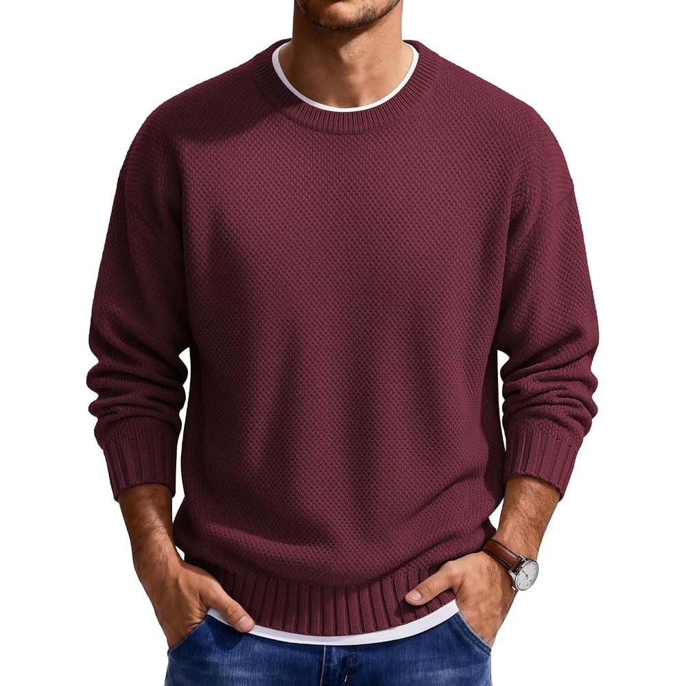 image:imageCOOFANDY Mens Casual Crewneck Sweater Long Sleeve Waffle Knit PulloverDark Red