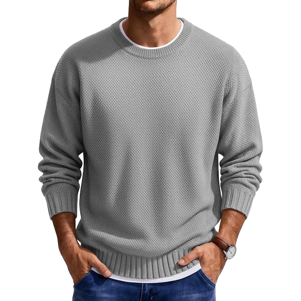 image:imageCOOFANDY Mens Casual Crewneck Sweater Long Sleeve Waffle Knit PulloverLight Grey