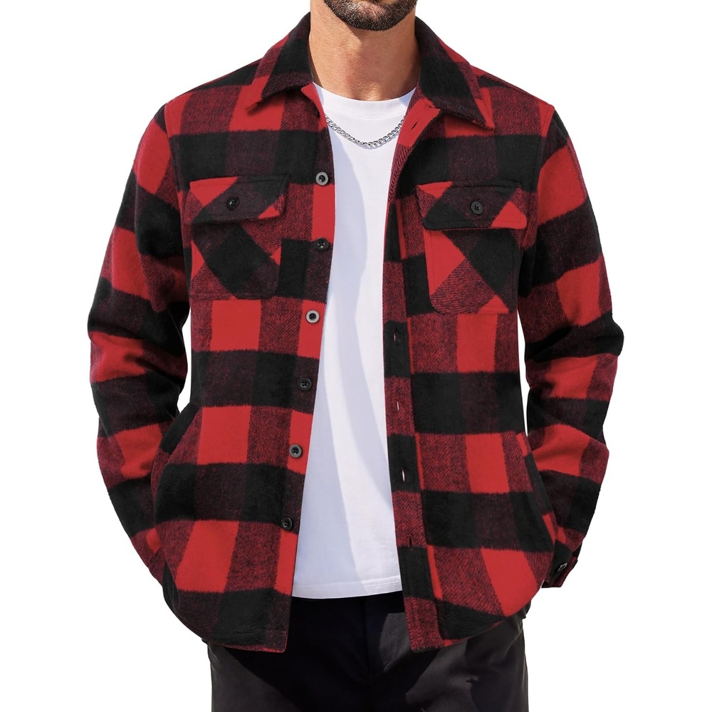 image:imageCOOFANDY Mens Flannel Jacket Fleece Shacket Plaid Shirt Button Down JacketsBuffalo Red Plaid