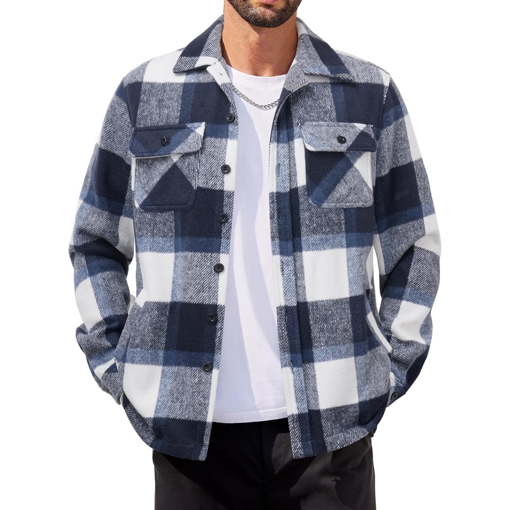 image:imageCOOFANDY Mens Flannel Jacket Fleece Shacket Plaid Shirt Button Down JacketsNavy Block