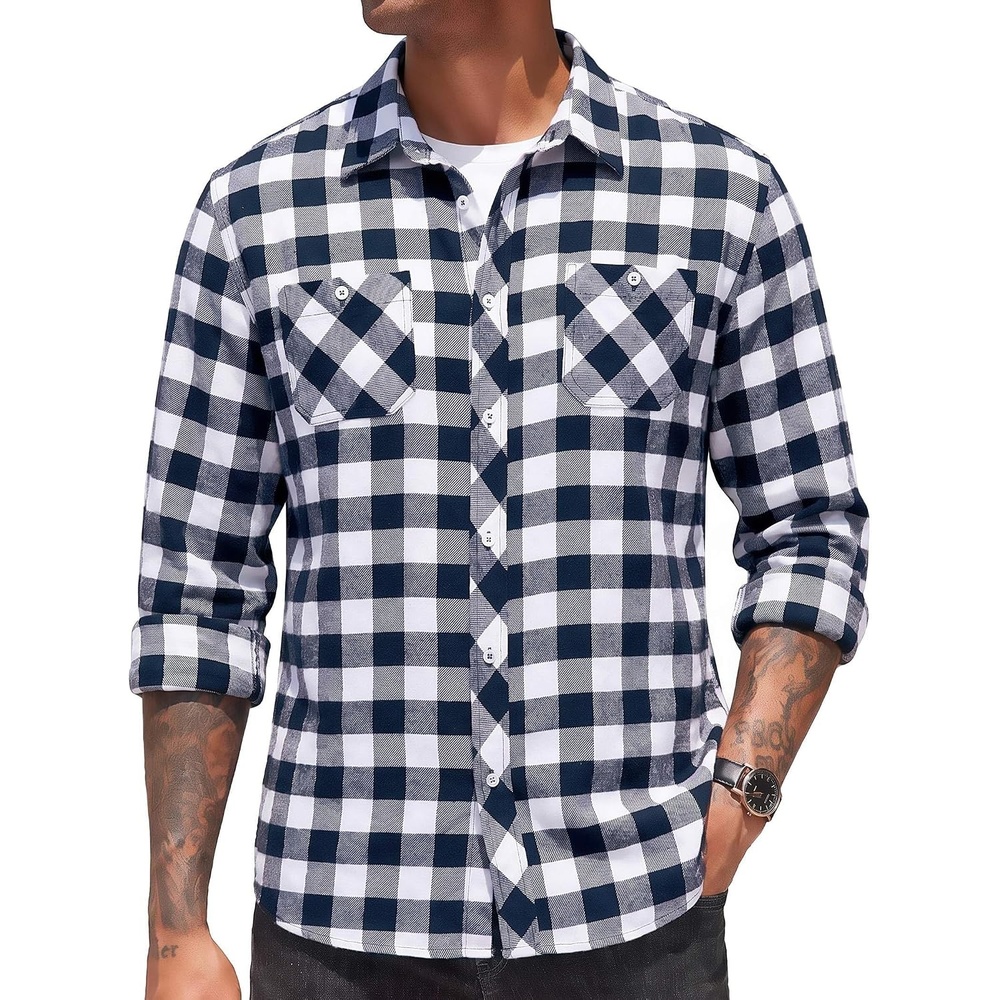 image:imageCOOFANDY Mens Flannel Plaid Shirts Long Sleeve Casual Button Down Shirt with PocketsNavy Blue White