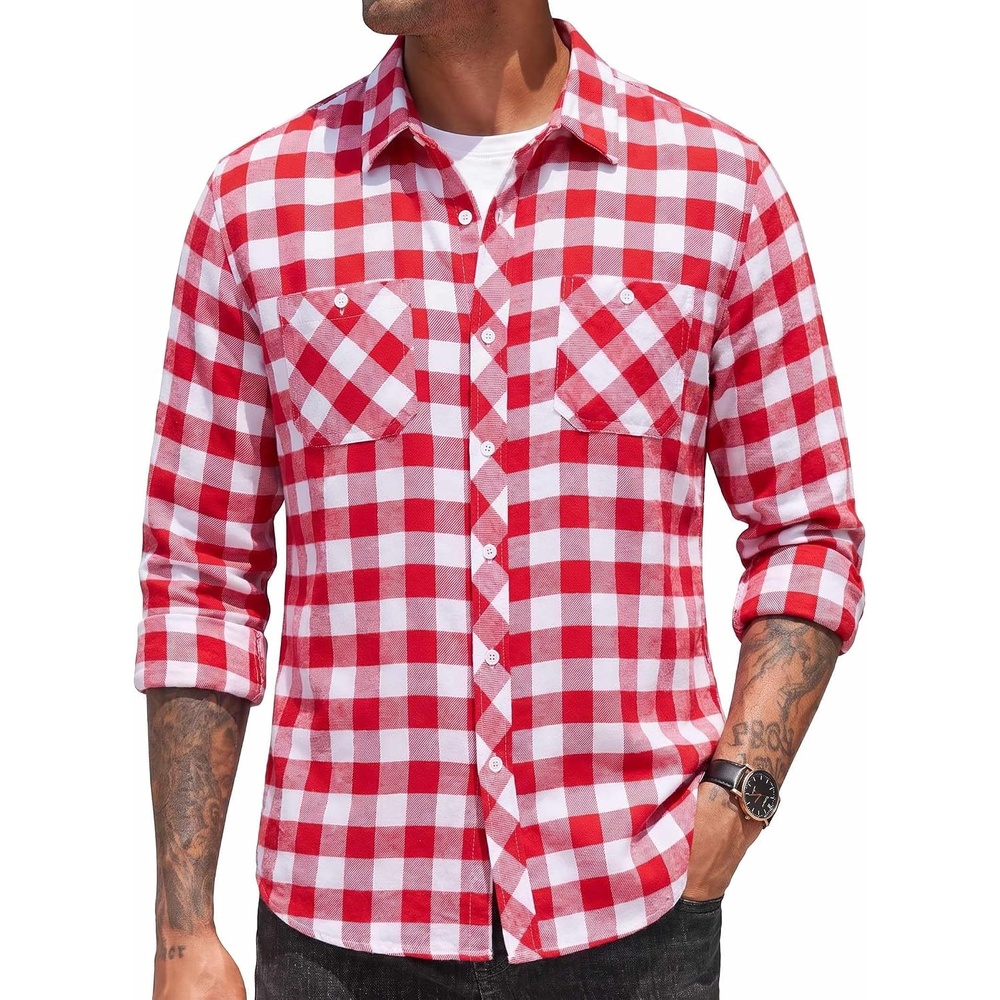 image:imageCOOFANDY Mens Flannel Plaid Shirts Long Sleeve Casual Button Down Shirt with PocketsRed White