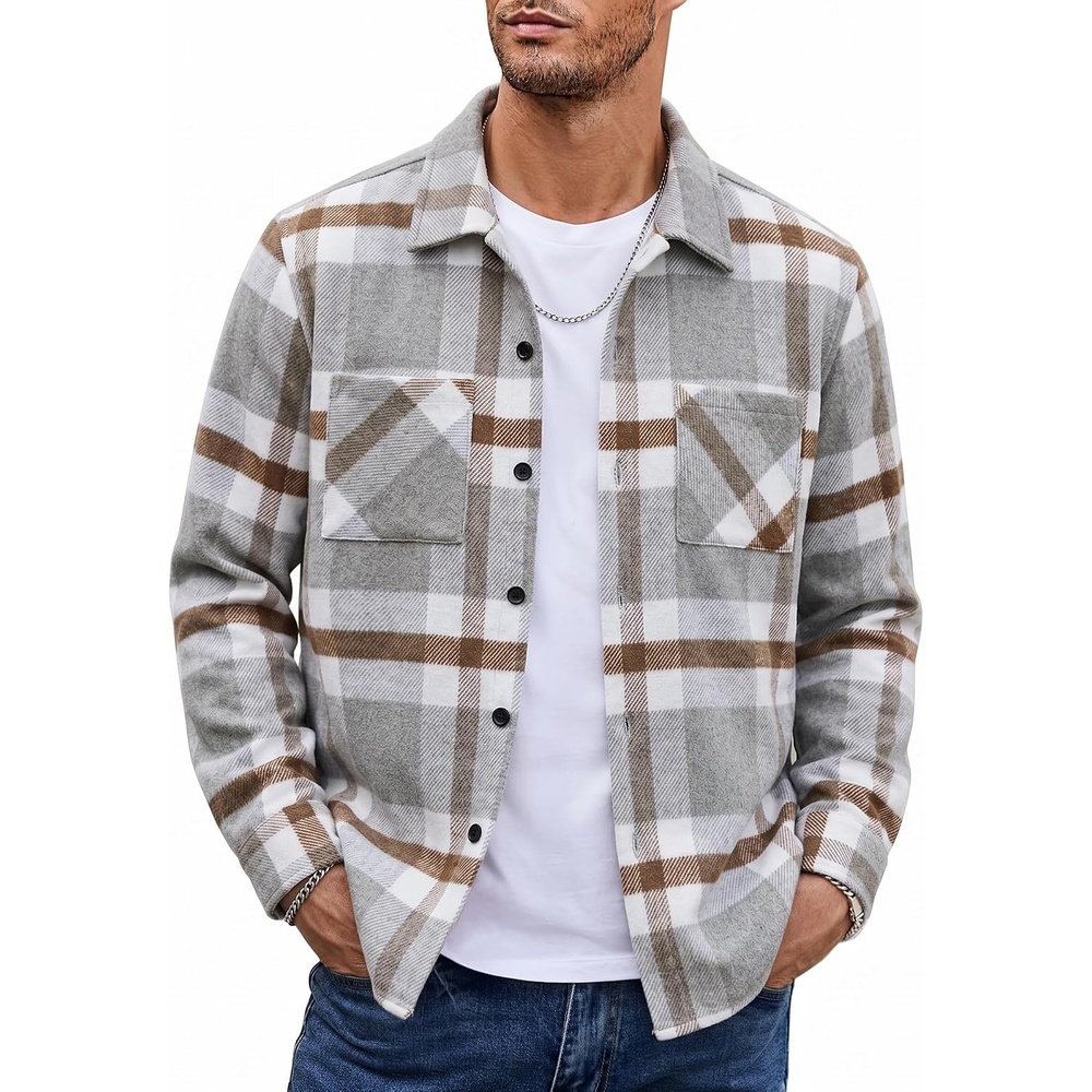 image:imageCOOFANDY Mens Flannel Shirts Casual Button Down Plaid Shirt Jacket Long Sleeve Fleece Shacket with PocketsDove Gray