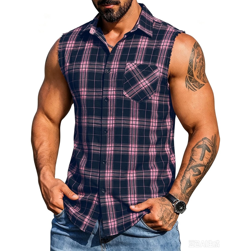 image:imageCOOFANDY Mens Lightweight Sleeveless Flannel Shirt Button Up Plaid ShirtsNavy Blush